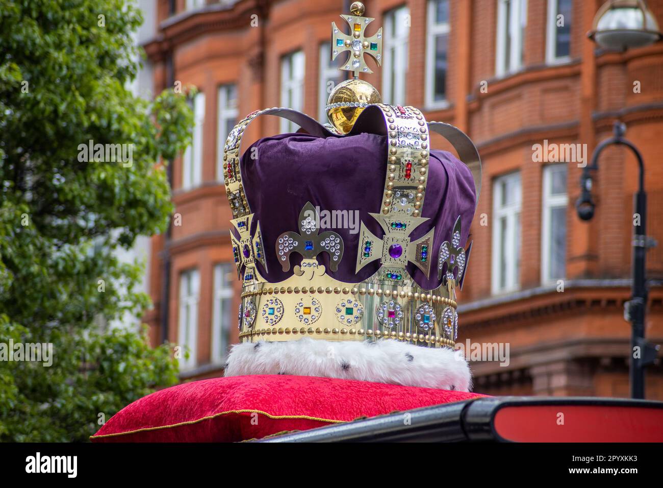 London, UK. 05th May, 2023. Oxford Street Bus Stops Embrace Royal Spirit with Crowns for King Charles III's Coronation. Credit: Sinai Noor/Alamy Live News Stock Photo