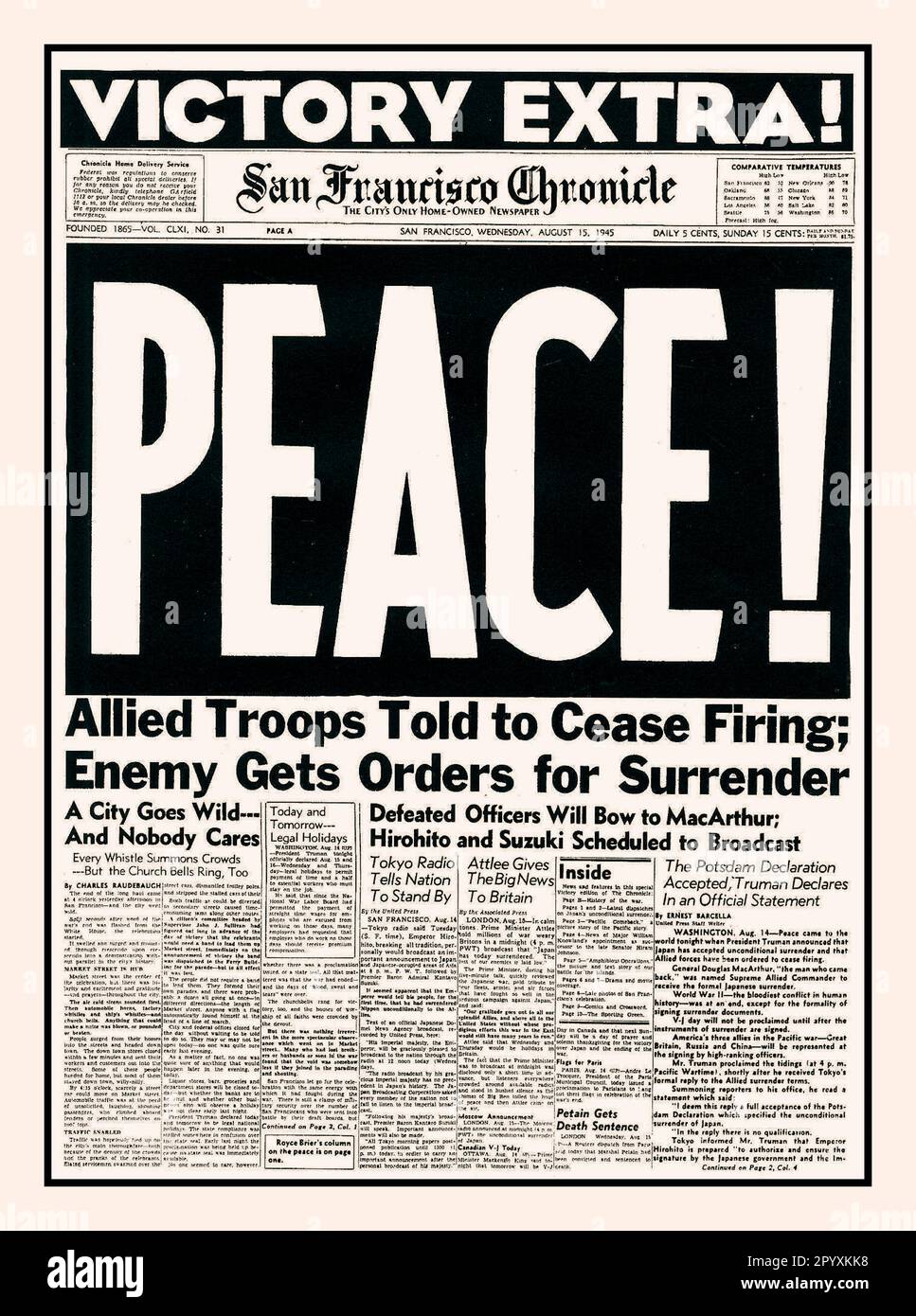 VJ DAY WW2 PEACE ! Japan surrenders Newpaper headline San Francisco Chronicle. AUG.15th 1945 End of World War II Second World War Japan surrenders. V-J Day, or Victory over Japan Day, marks the end of World War II, one of the deadliest and most destructive wars in history. When President Harry S. Truman announced on Aug. 14, 1945, that Japan had surrendered unconditionally, war-weary citizens around the world erupted in celebration. Stock Photo