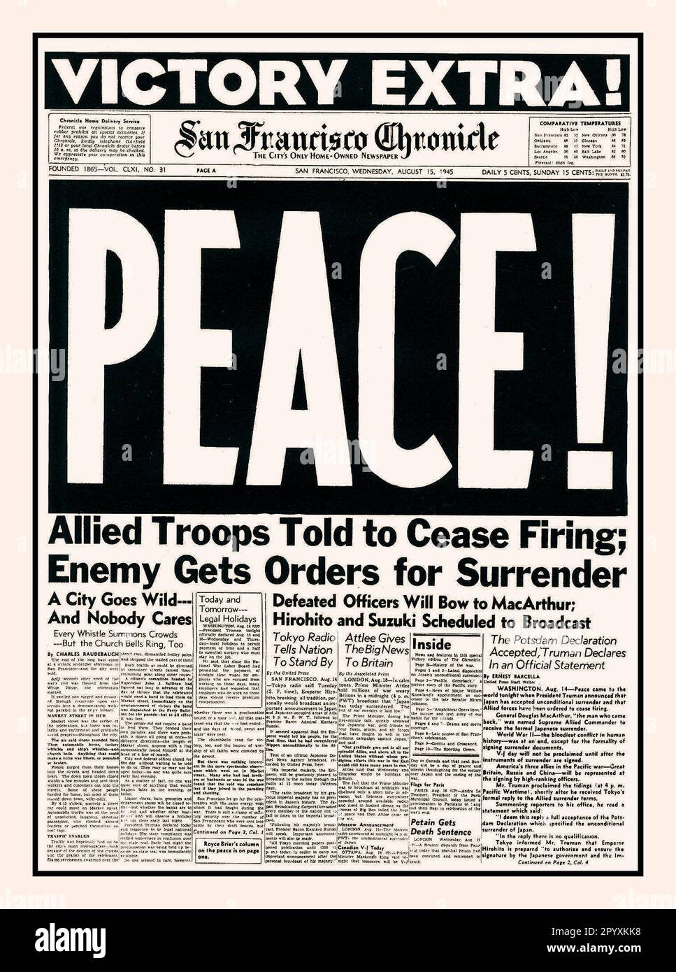 Vj day ww2 peace japan surrenders newpaper headline san francisco