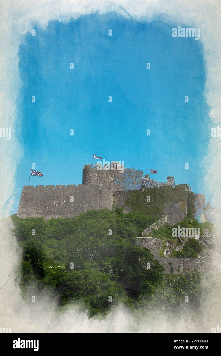 A watercolour digital painting of the iconic Mont Orgueil Castle. Gorey harbour, Jersey, Channel Islands, British Isles. Stock Photo