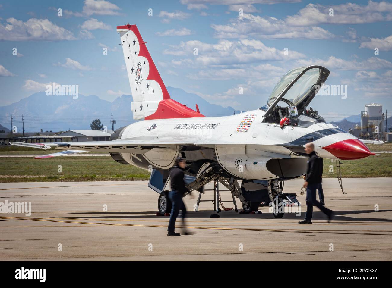 The US Air Force Thunderbirds ground crew perform maintenance on their aircraft at the 2023