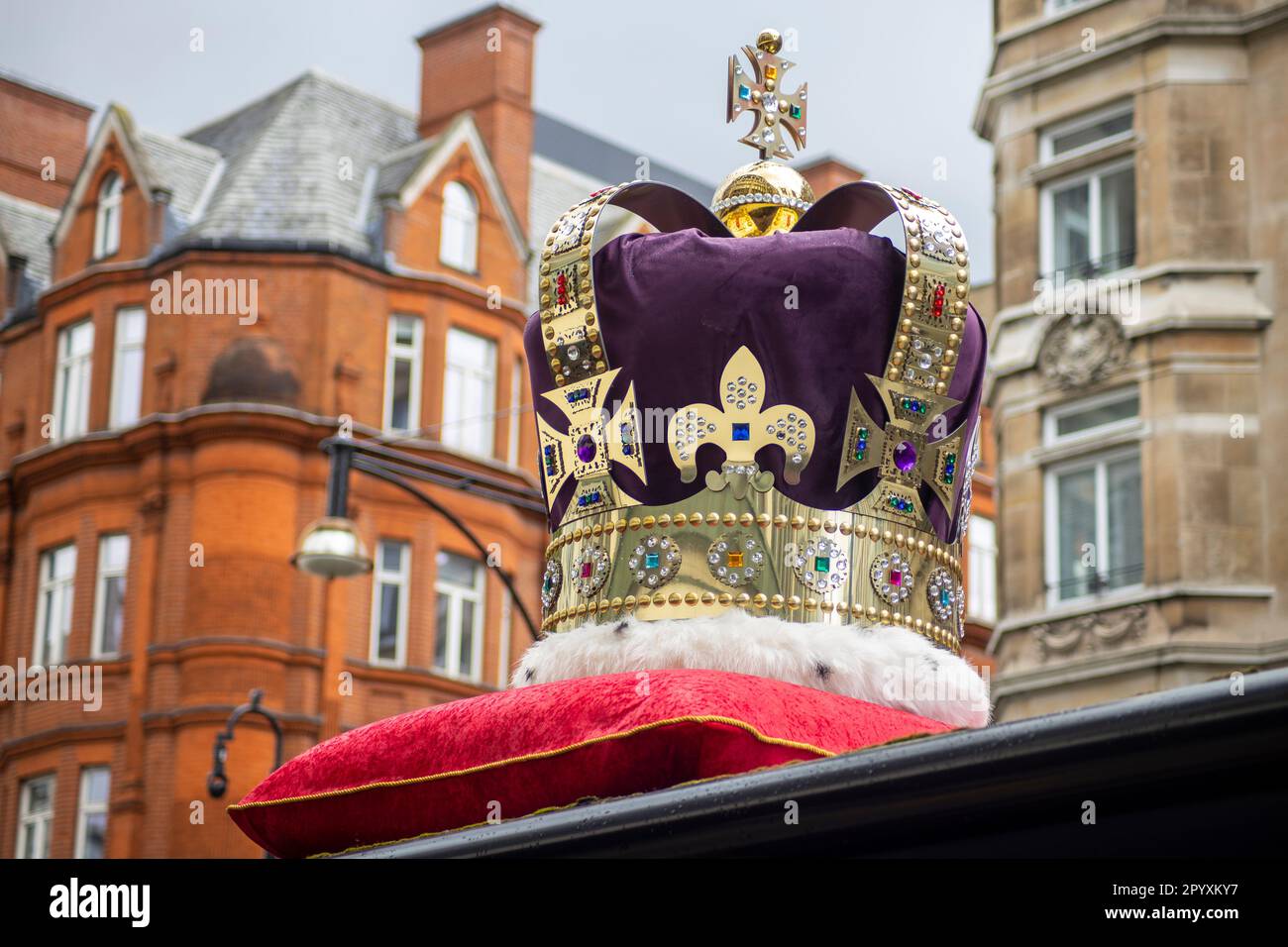 London, UK. 05th May, 2023. Oxford Street Bus Stops Embrace Royal Spirit with Crowns for King Charles III's Coronation. Credit: Sinai Noor/Alamy Live News Stock Photo