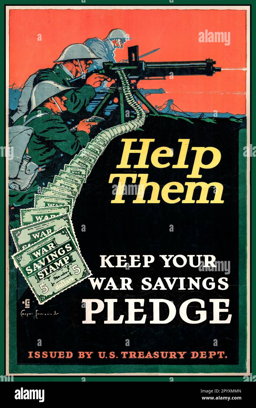 World War I Poster 'HELP THEM ' 'keep your war savings pledge'  for War Savings Stamps, ca. 1917. Arkansans saved money, food and supplies for the troops during World War I. First World War The Great War USA Dollar War Savings Stamps Artist Casper Emerson Jnr Stock Photo