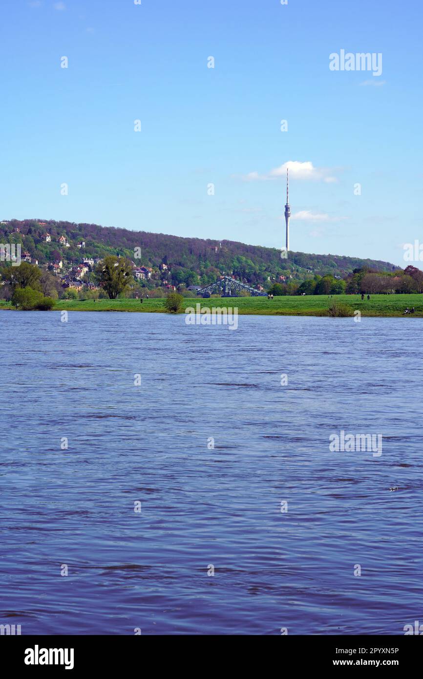 Elbe with bridge (Blaues Wunder), in the background the Television tower, Dresden, Saxony, Germany. Stock Photo