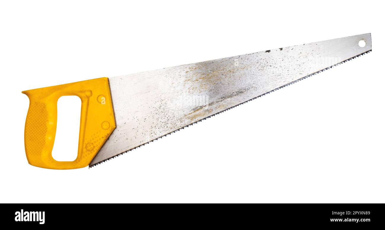 crosscut hand saw saw with yellow plastic handle isolated on white