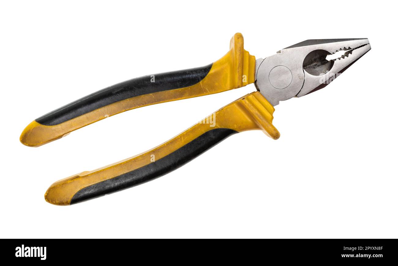 big used pliers with yellow and black rubber handle isolated on white