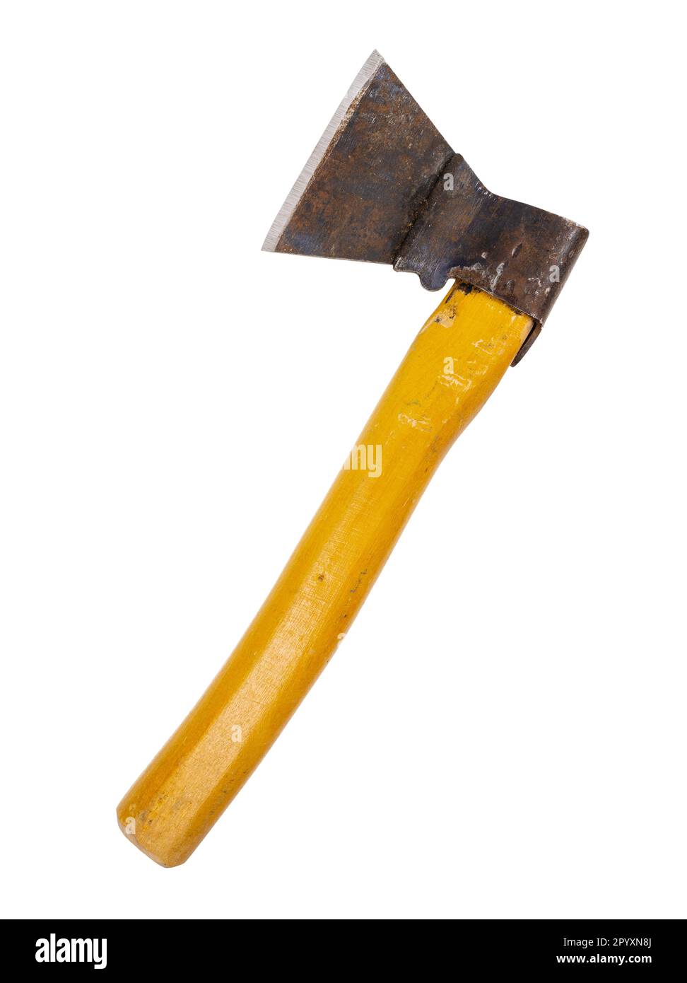 small riveted camping ax on wooden handle with sharp edge of blade