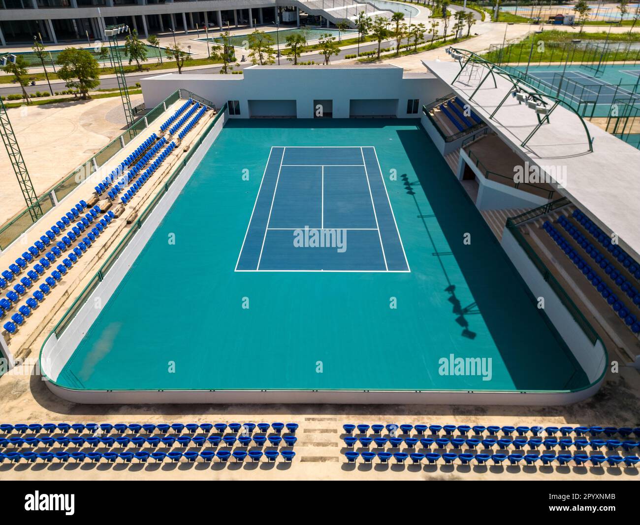 Phnom Penh, Cambodia - December 4, 2022: Exterior view of the tennis courts at Morodok Techo National Stadium in Phnom Penh, Cambodia. Stock Photo