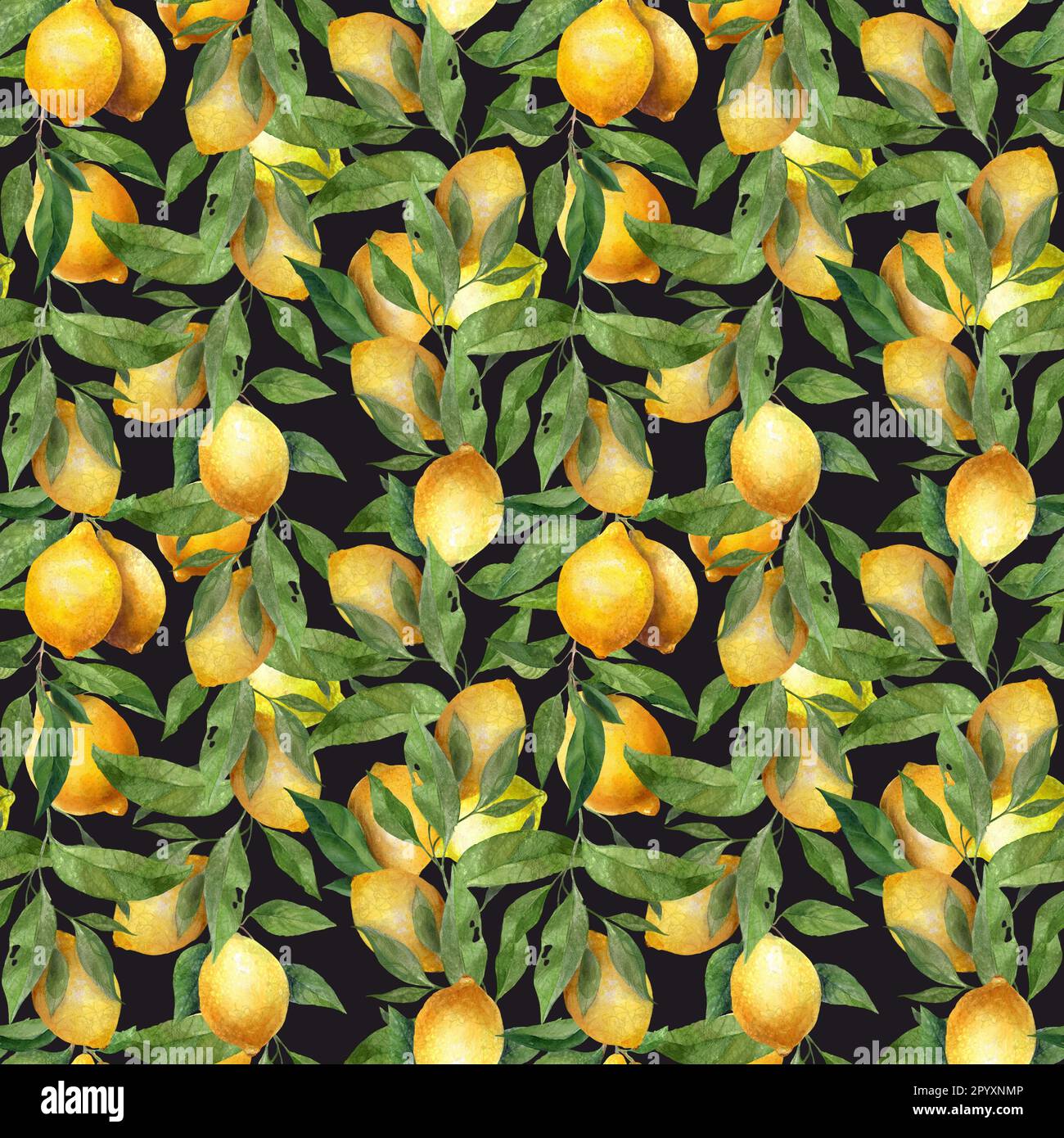 Bright yellow watercolor lemons and green leaves seamless pattern on ...