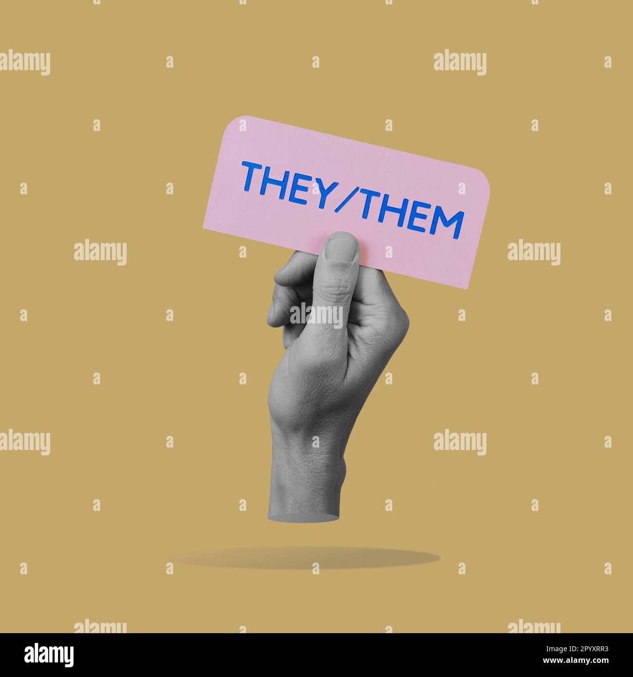 a hand, in black and white, holds a pink sign with the pronouns they ...