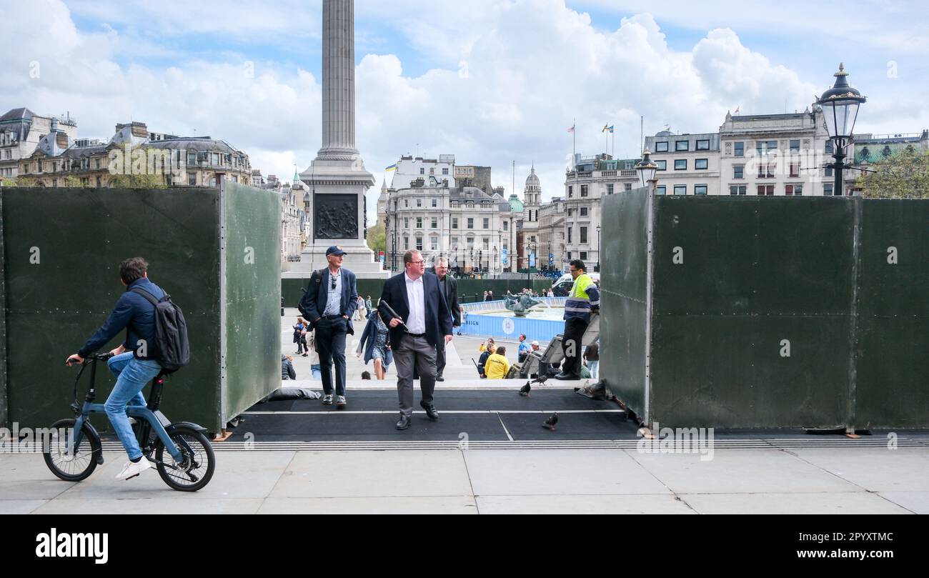 Trafalgar Square, London, UK. 5th May 2023. Coronation of King Charles III. Security barriers and banners in Trafalgar Square.. Credit: Matthew Chattle/Alamy Live News Stock Photo