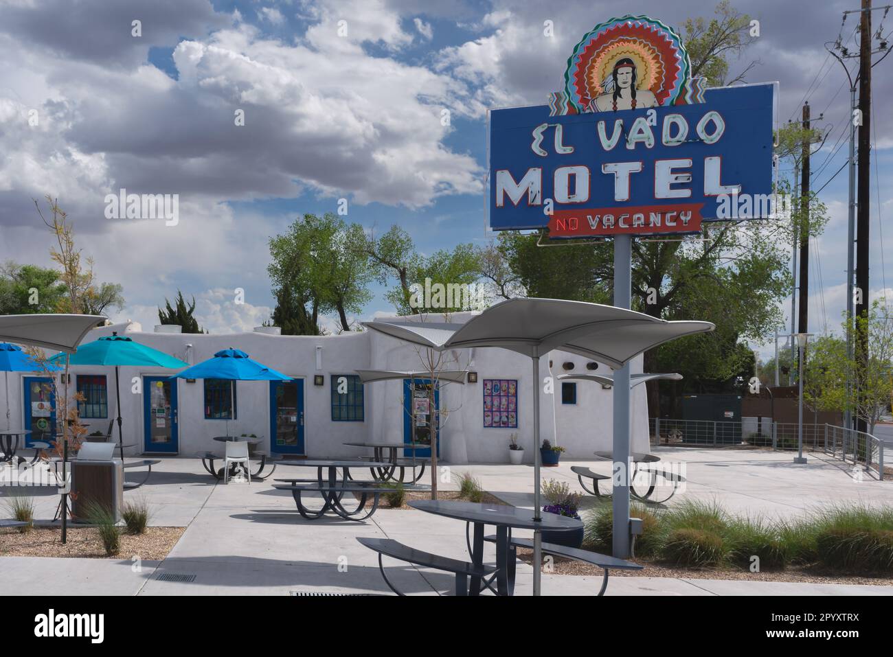The El Vado Motel and neon sign, a renovated motor court on Route 66 transformed into multi-use complex, motel and small businesses, Albuquerque NM. Stock Photo