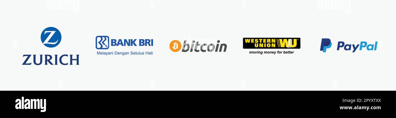 Bitcoin Logo, PayPal Logo, Bank BRI-Bank Rakyat Logo, Western Union Logo, Zurich Logo. Finance and Accounting vector logo illustration. Stock Vector