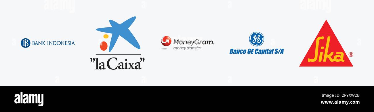BANCO GE Logo, MoneyGram Logo, Bank Indonesia Logo, Sika Finanz Logo, La Caixa Logo. Finance and Accounting vector logo illustration. Isolated vector Stock Vector