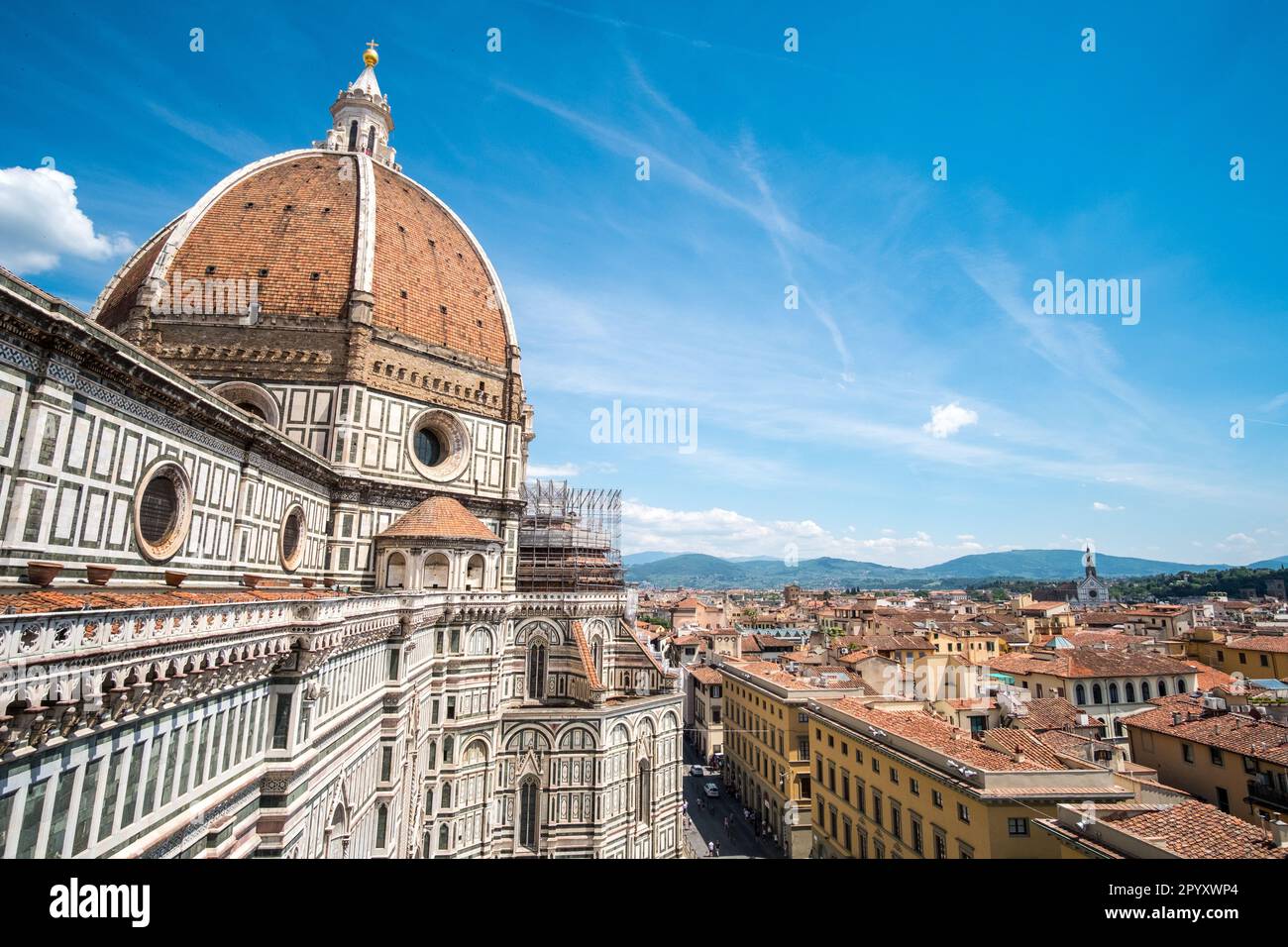 Aerial view of Florence. With Florence Duomo Cathedral. Basilica di Santa Maria del Fiore or Basilica of Saint Mary of the Flower Stock Photo