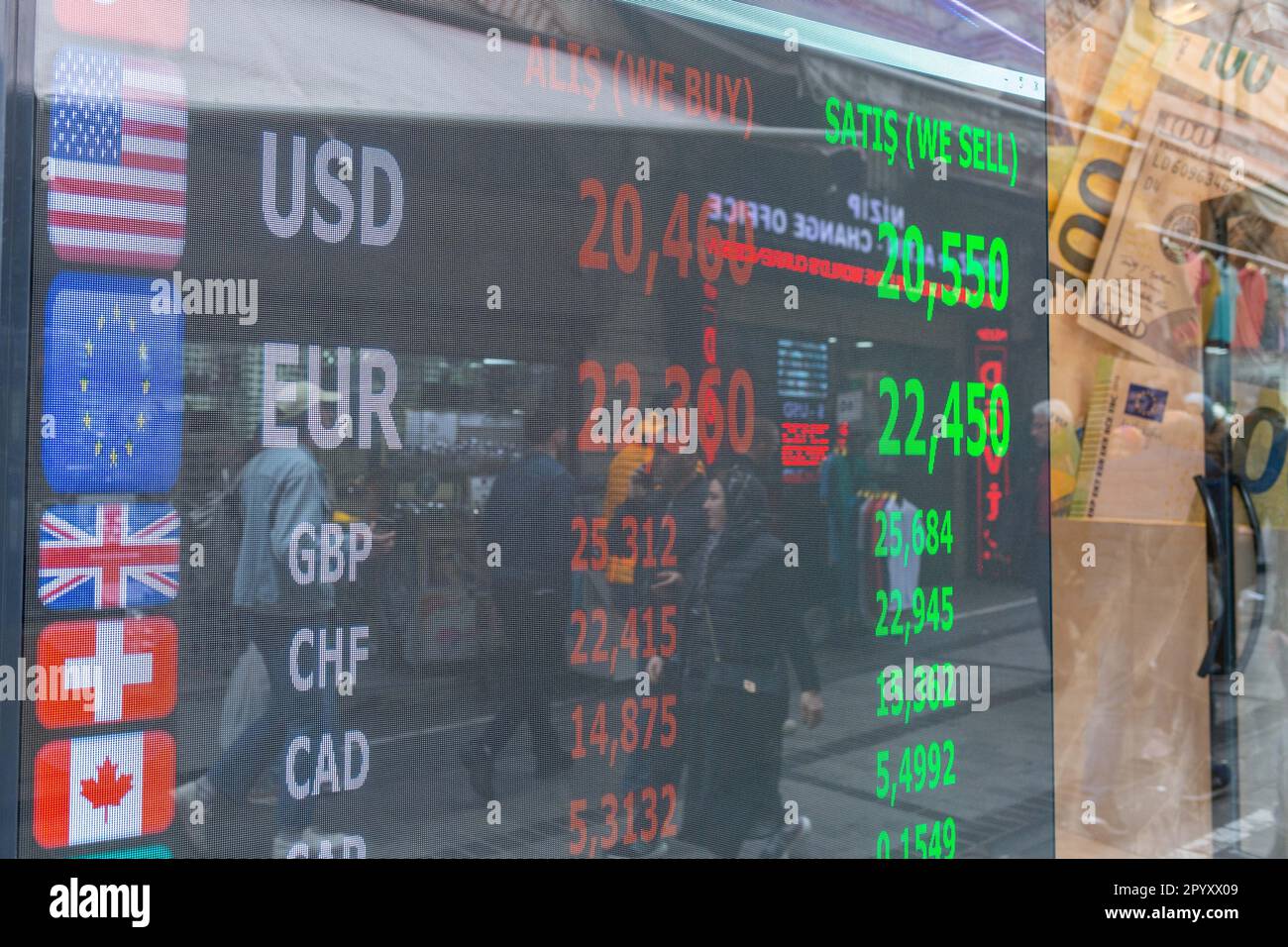 May 5, 2023: Displays of a foreign currency exchange bureau in Istanbul, Turkey, on May 5, 2023. Turkey's inflation slowed below 50% for the first time in over a year, with risks for price stability rising as the country goes to the polls in less than two weeks (Credit Image: © Tolga Ildun/ZUMA Press Wire) EDITORIAL USAGE ONLY! Not for Commercial USAGE! Stock Photo