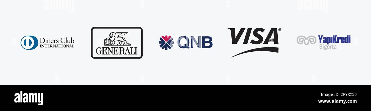 QNB Logo, Generali Logo, VISA Logo, yapikredi sigorta Logo, Diners Club Logo. Finance and Accounting vector logo illustration. Isolated vector logo Stock Vector