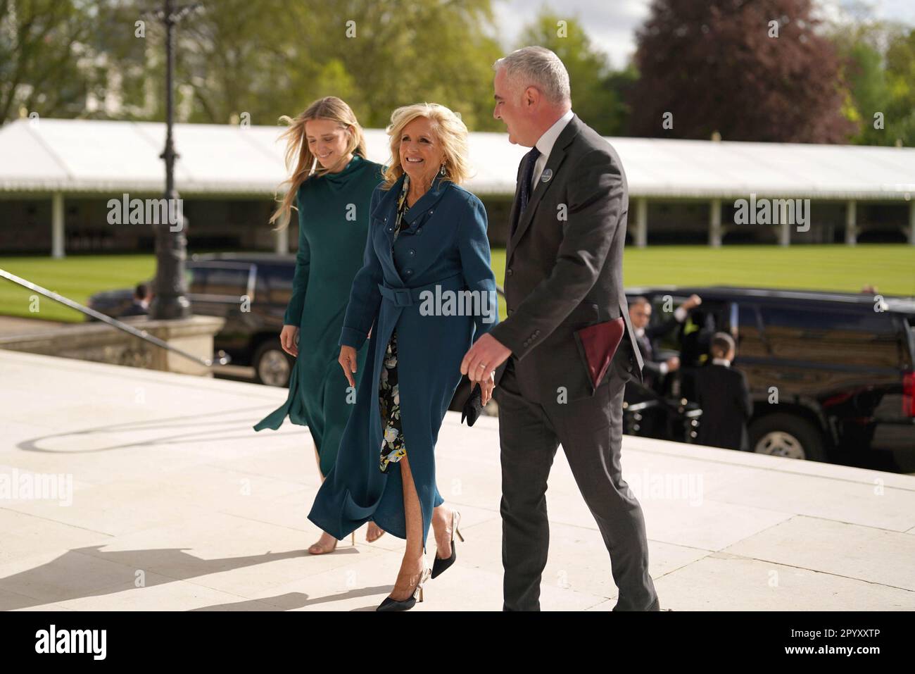 The First Lady of the United States, Dr Jill Biden and her grand daughter Finnegan Biden (left), arrive for a reception at Buckingham Palace in London, hosted by King Charles III for overseas guests attending his coronation. Picture date: Friday May 5, 2023. Stock Photo