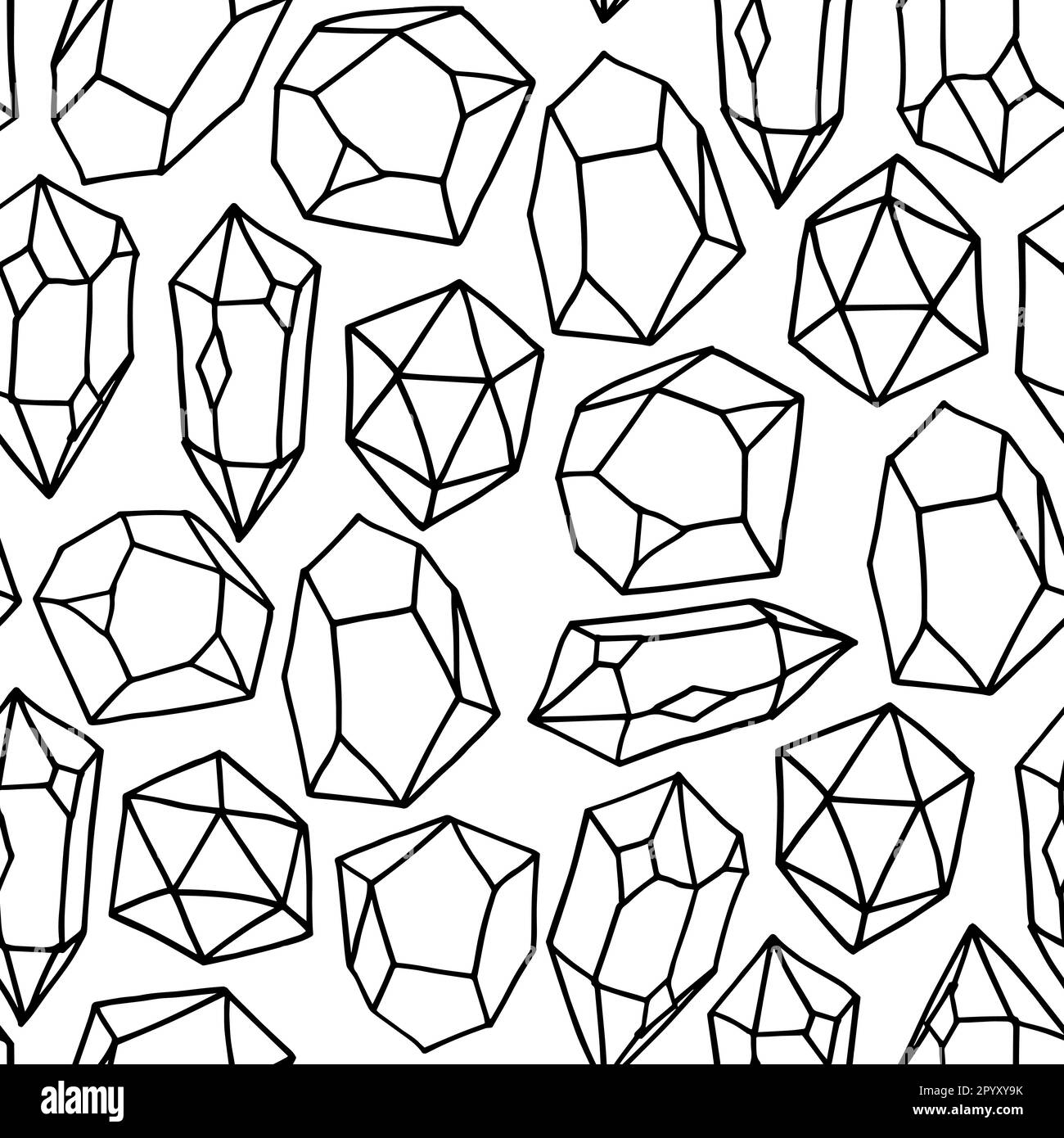 Monochrome gems seamless pattern vector design. Crystals in hand drawn style on isolated white background. Use for fabric, wrapping paper and wallpape Stock Vector