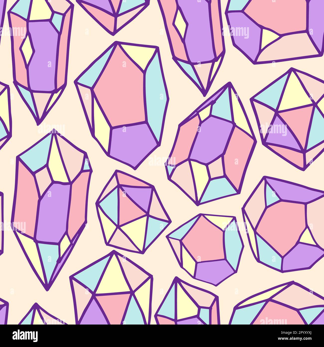 Multicolor gems seamless pattern vector design. Crystals in hand drawn style on isolated beige background. Use for fabric, wrapping paper and wallpape Stock Vector