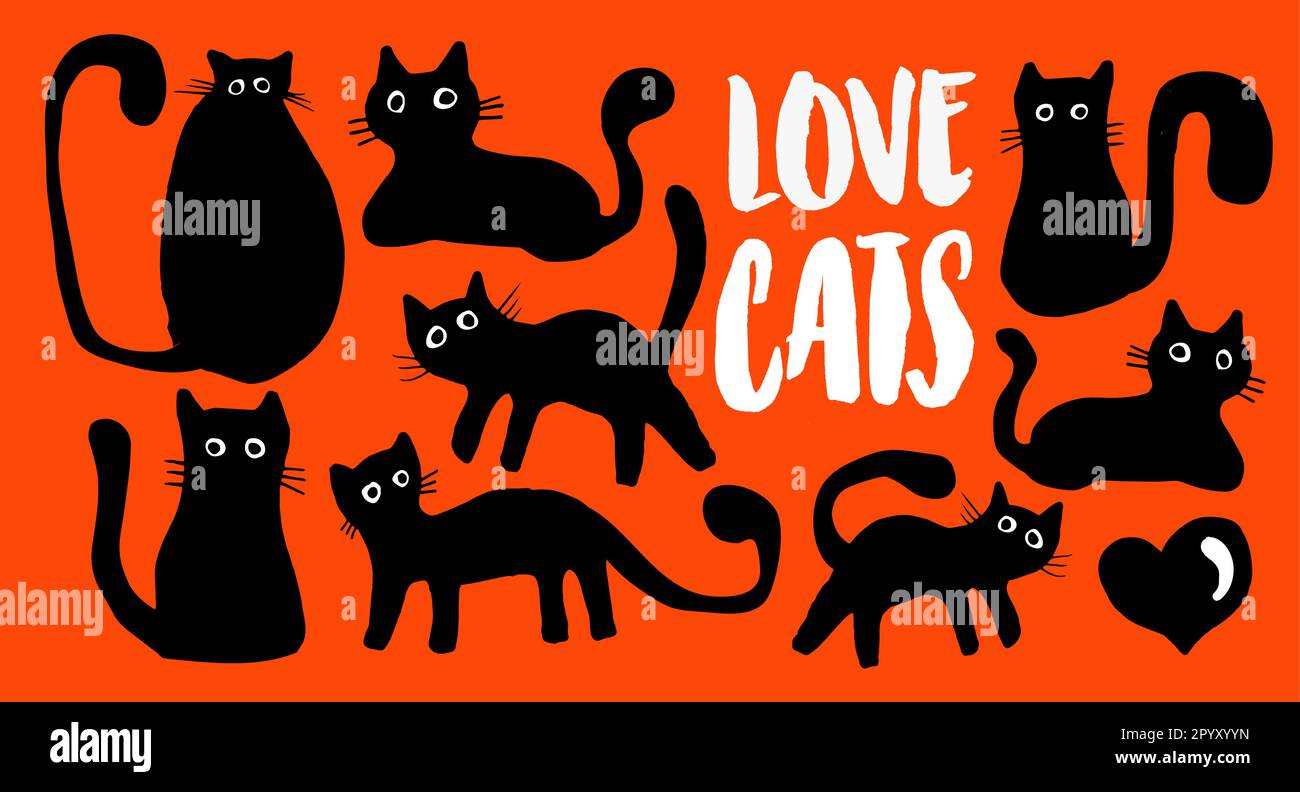Love cats doodle vector design. Domestic animal elements in hand made style on isolated orange background. Use for decoration, wallpaper and fabric. Stock Vector