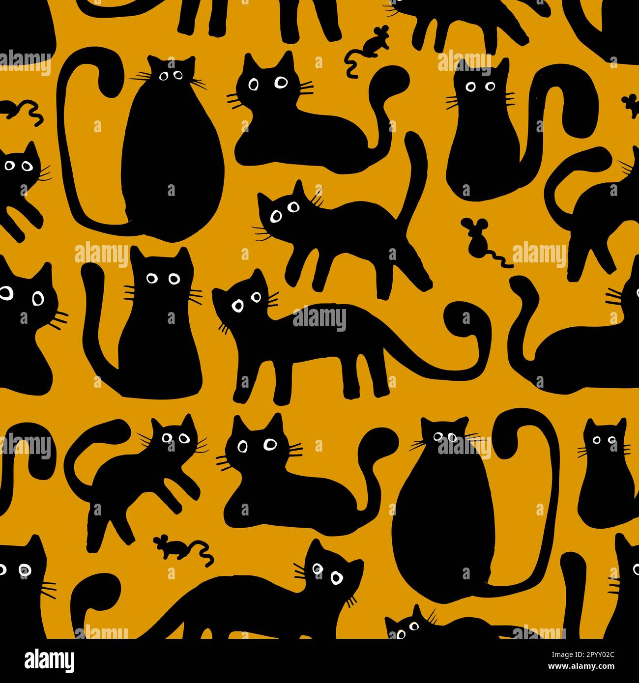 Black cats doodle seamless pattern design. Domestic animal elements in hand drawn style on isolated yellow background. Use for fabric, wallpaper and w Stock Vector