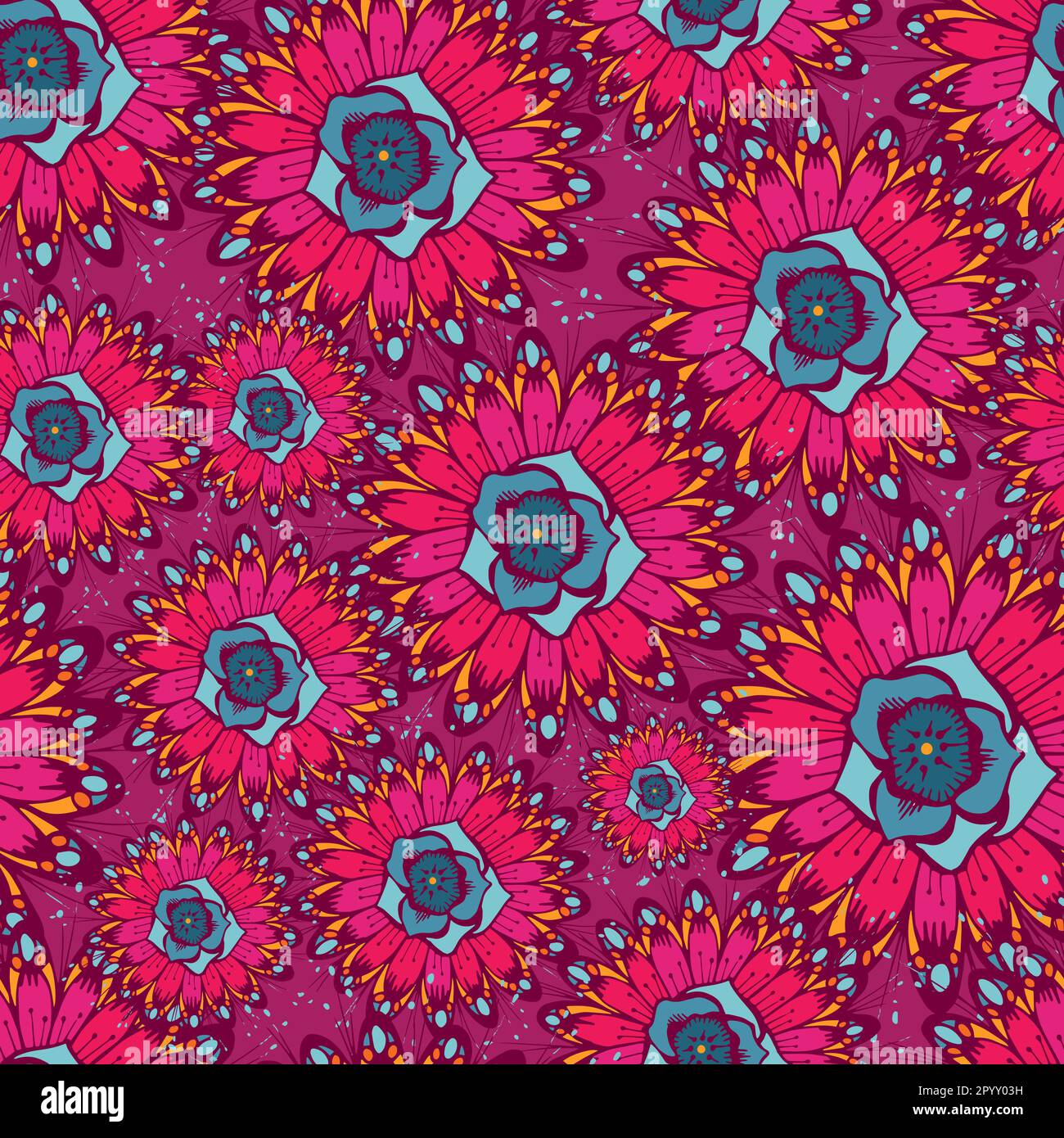 Flowers hand drawn seamless pattern design. Multicolor natural elements in freehand style on purple background. Use for wallpaper, fabric and wrapping Stock Vector