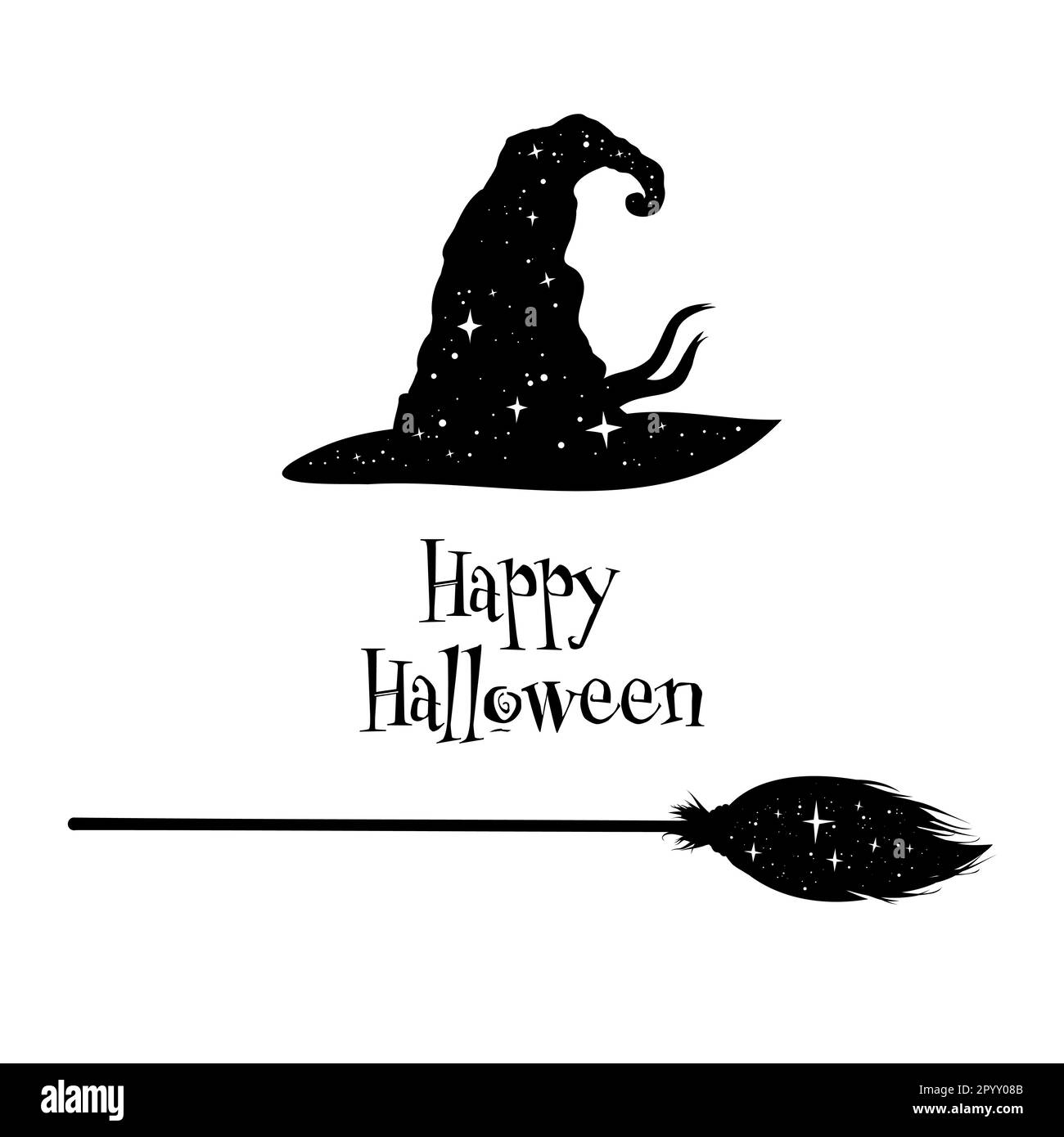 Happy Halloween. Magic hat and broomstick in stars Stock Vector