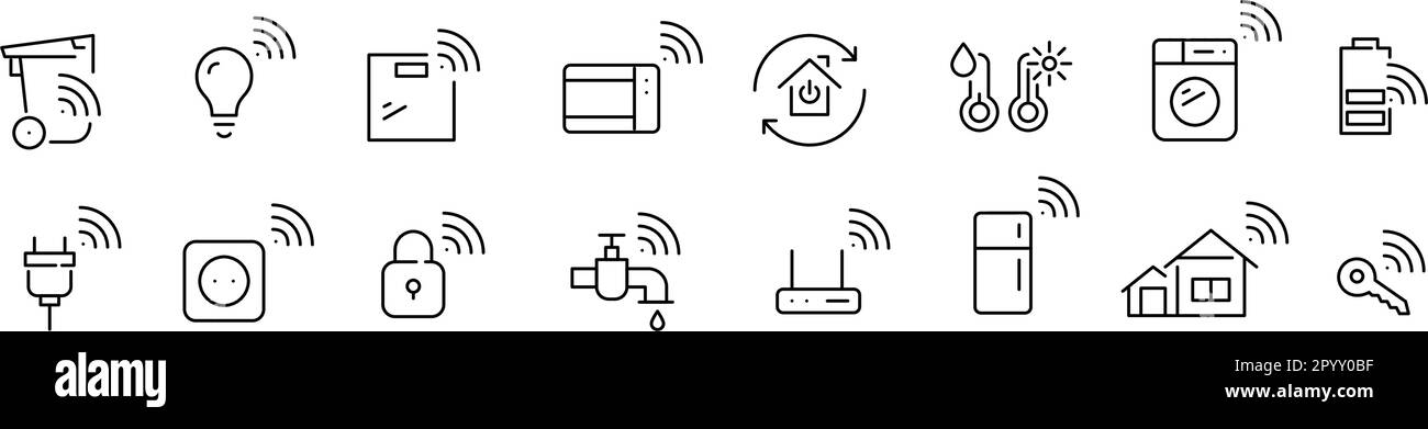 Internet of things. Remote control, use of sensors and data exchange. Home appliances Pixel perfect, editable stroke Stock Vector