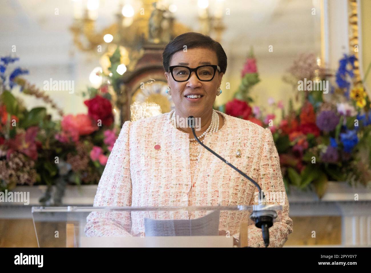 Commonwealth Secretary-General, Patricia Scotland, Baroness Scotland of Asthal speaks to commonwealth leaders at Marlborough House, London. Picture date: Friday May 5, 2023. Stock Photo