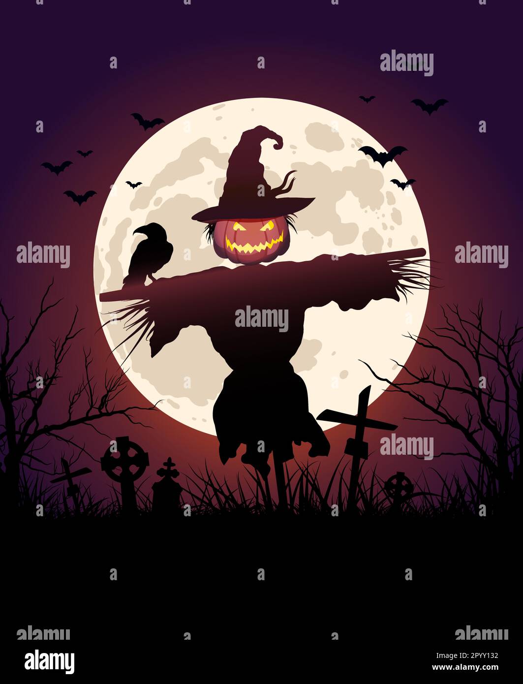Scarecrow on background of full moon, graveyard Stock Vector