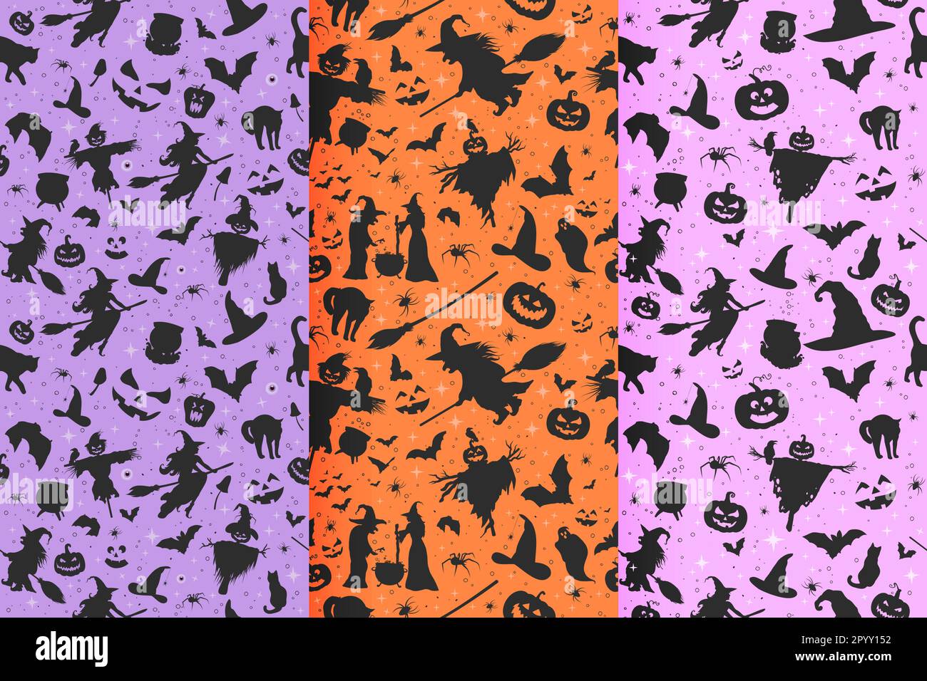 Pumpkins, spiders on orange, purple background Stock Vector