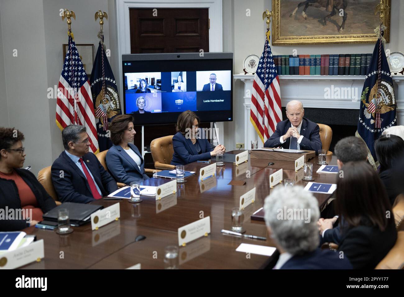 Washington, United States. 05th May, 2023. US President Joe Biden speaks during a meeting of the Investing in America Cabinet in the Roosevelt Room of the White House in Washington, DC, US, on Friday. May 5, 2023. The unexpected pickups in US hiring and wages last month increase chances the Federal Reserve will hold interest rates high for longer and potentially keep the door open to an 11th straight hike in June. Photo by Tom Brenner/UPI Credit: UPI/Alamy Live News Stock Photo