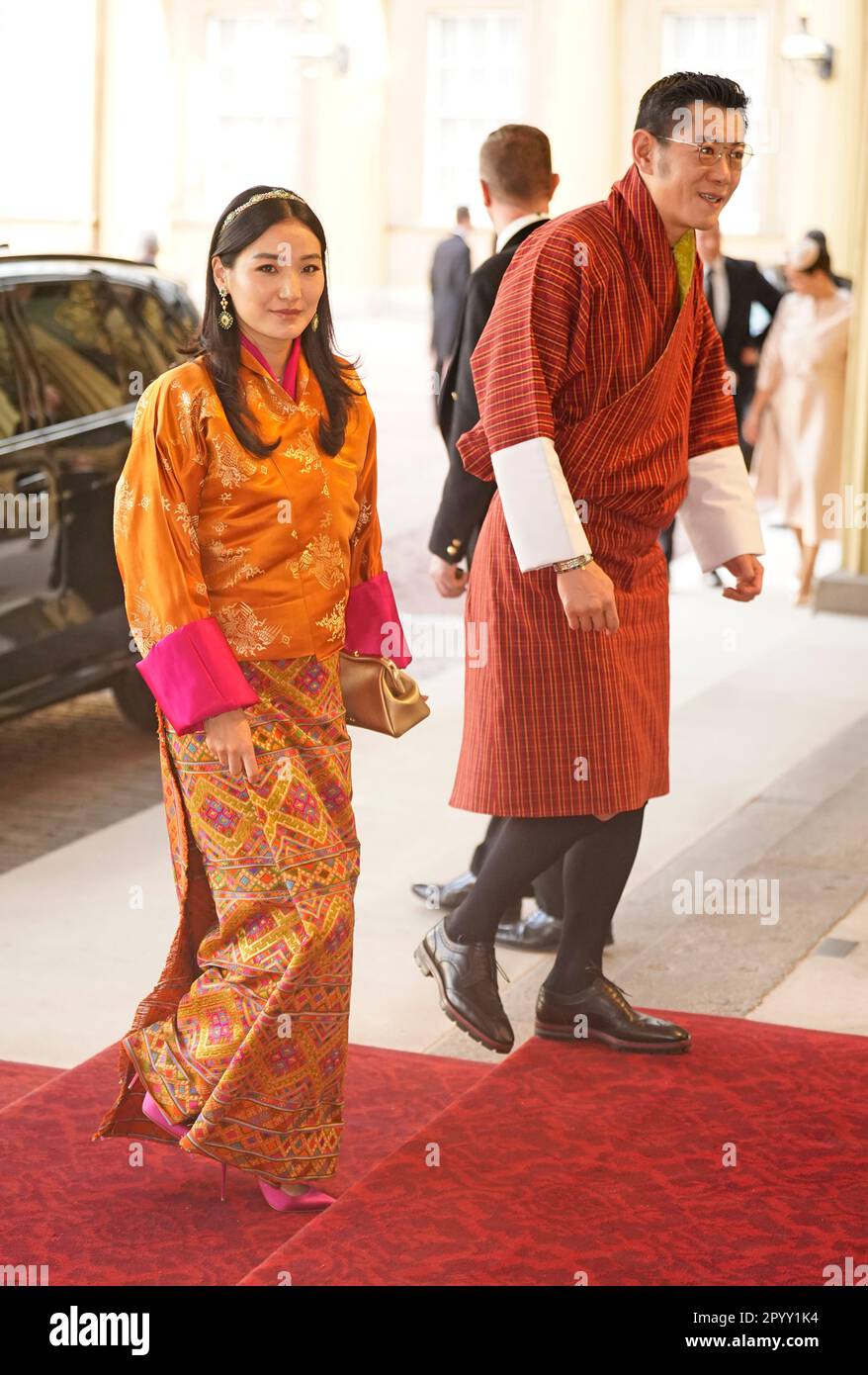 Queen Jetsun Pema of Bhutan and King Jigme Khesar Namgyel Wangchuck arrive for a reception at Buckingham Palace, hosted by King Charles III, for overseas guests attending his coronation, on May 6. Picture date: Friday May 5, 2023. Stock Photo