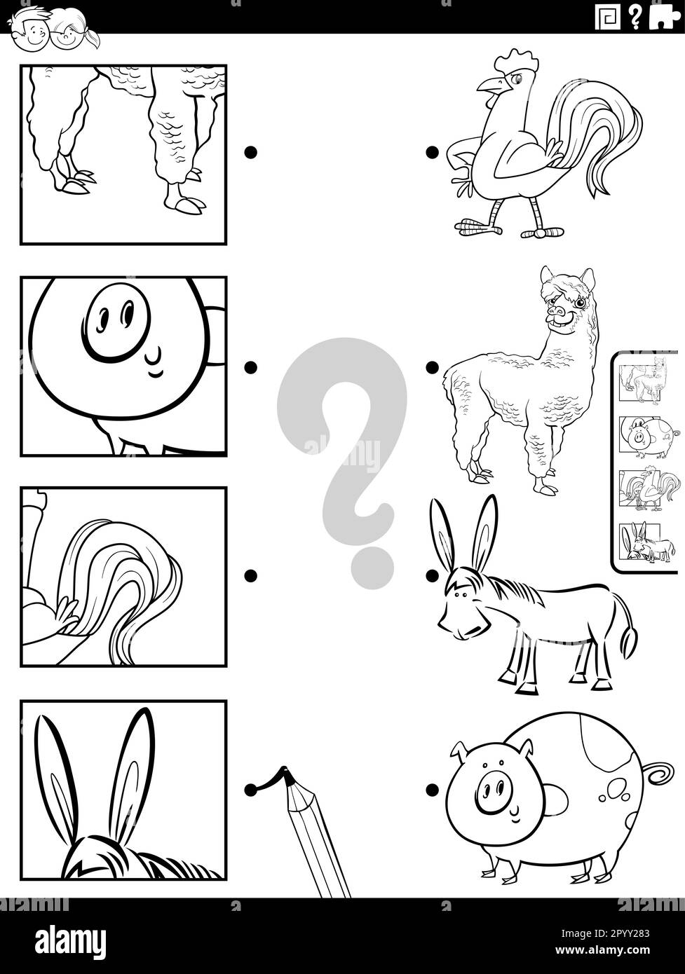 Black and white cartoon illustration of educational matching game with