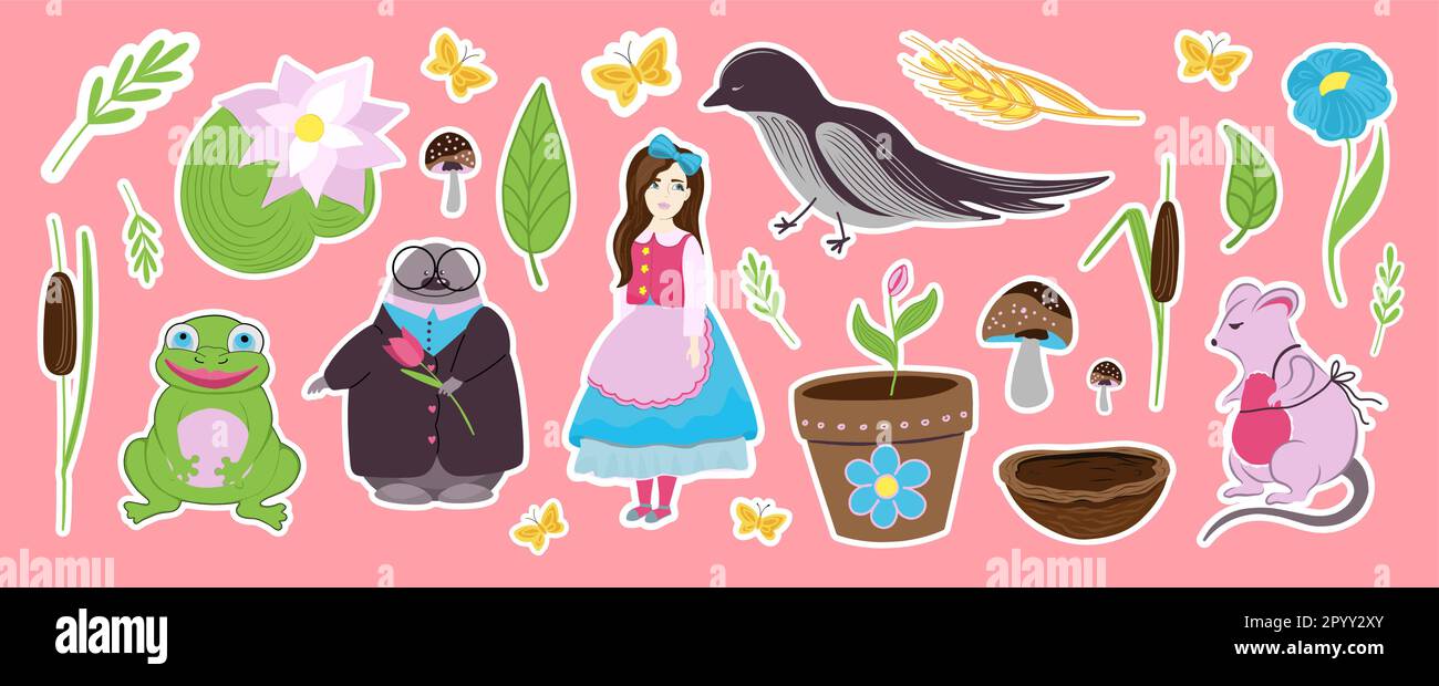 Stickers fairy tale Thumbelina. Vector cartoon of children s fairy