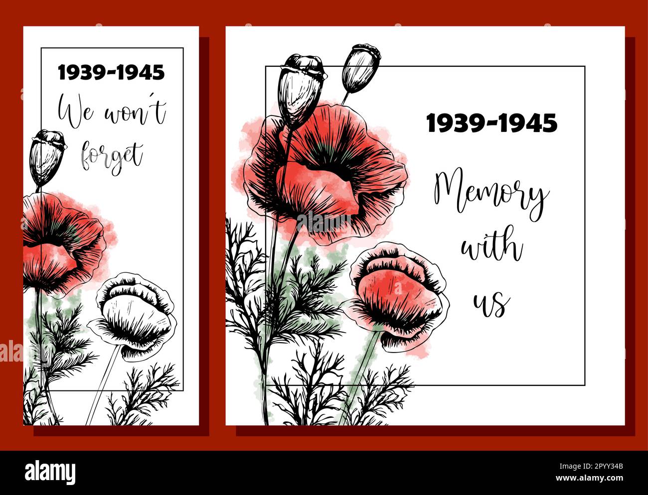 A set of congratulatory posters for the day of remembrance of the Second World War.Red poppies.May 8 and 9. Stock Vector
