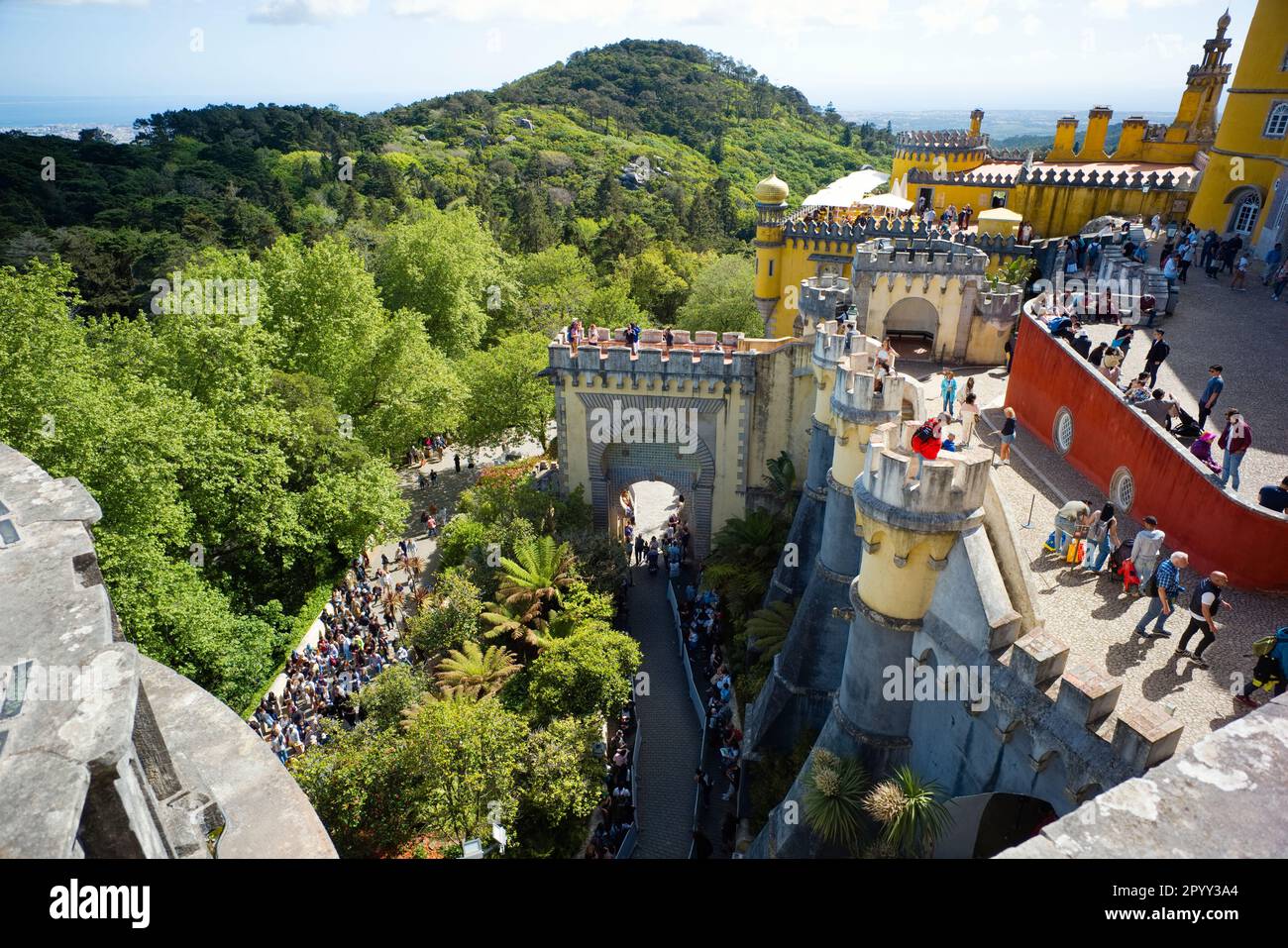 Looking down on the queue at the Pena Palace, Sintra Stock Photo