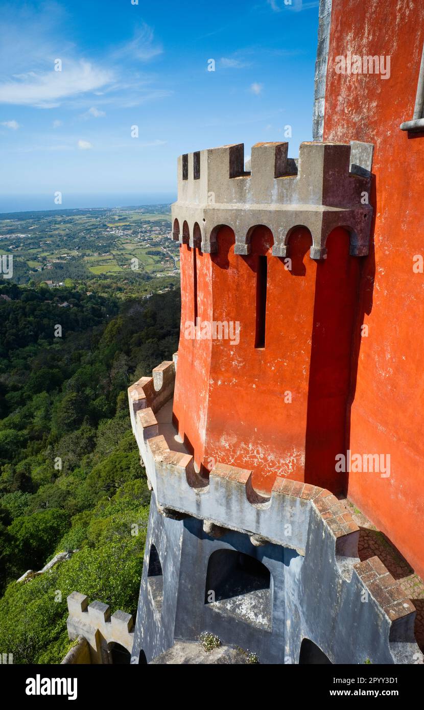 Turrets and view at the Pena Palace, Sintra, Portugal Stock Photo