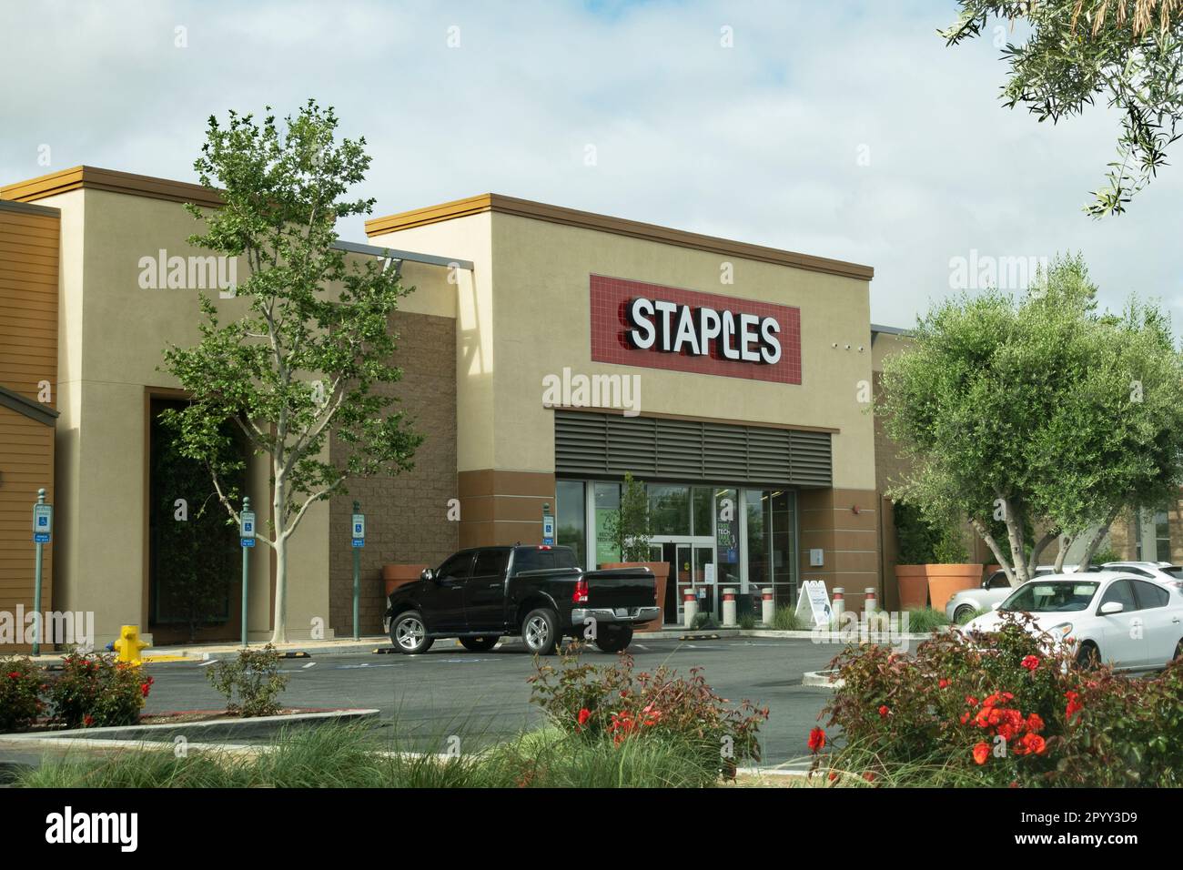 Menifee, CA, USA - May 3, 2023: Front of a Staples retail store Stock Photo