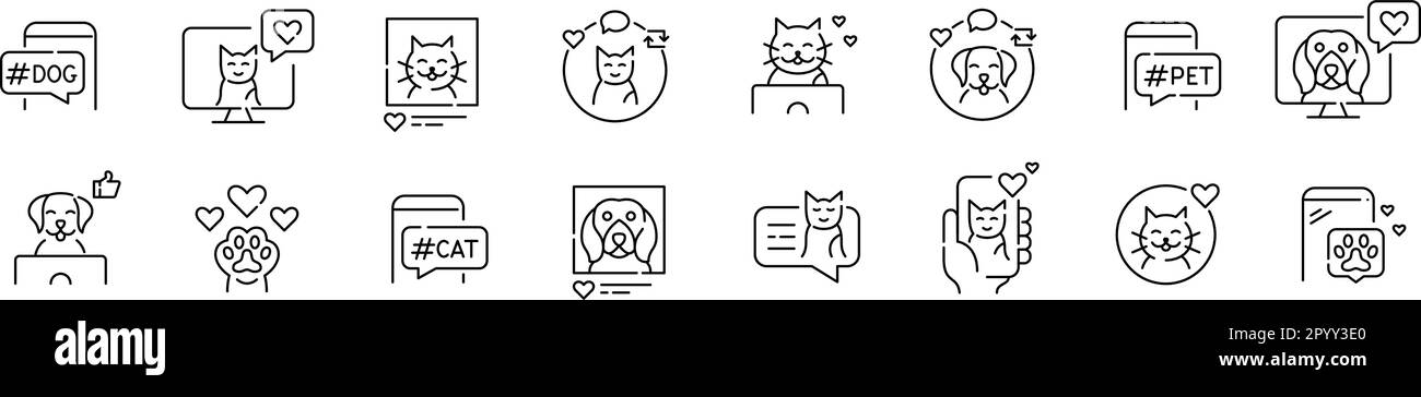 Pet social media presence. Cat and dog bloggers. Pixel perfect, editable stroke icons set Stock Vector