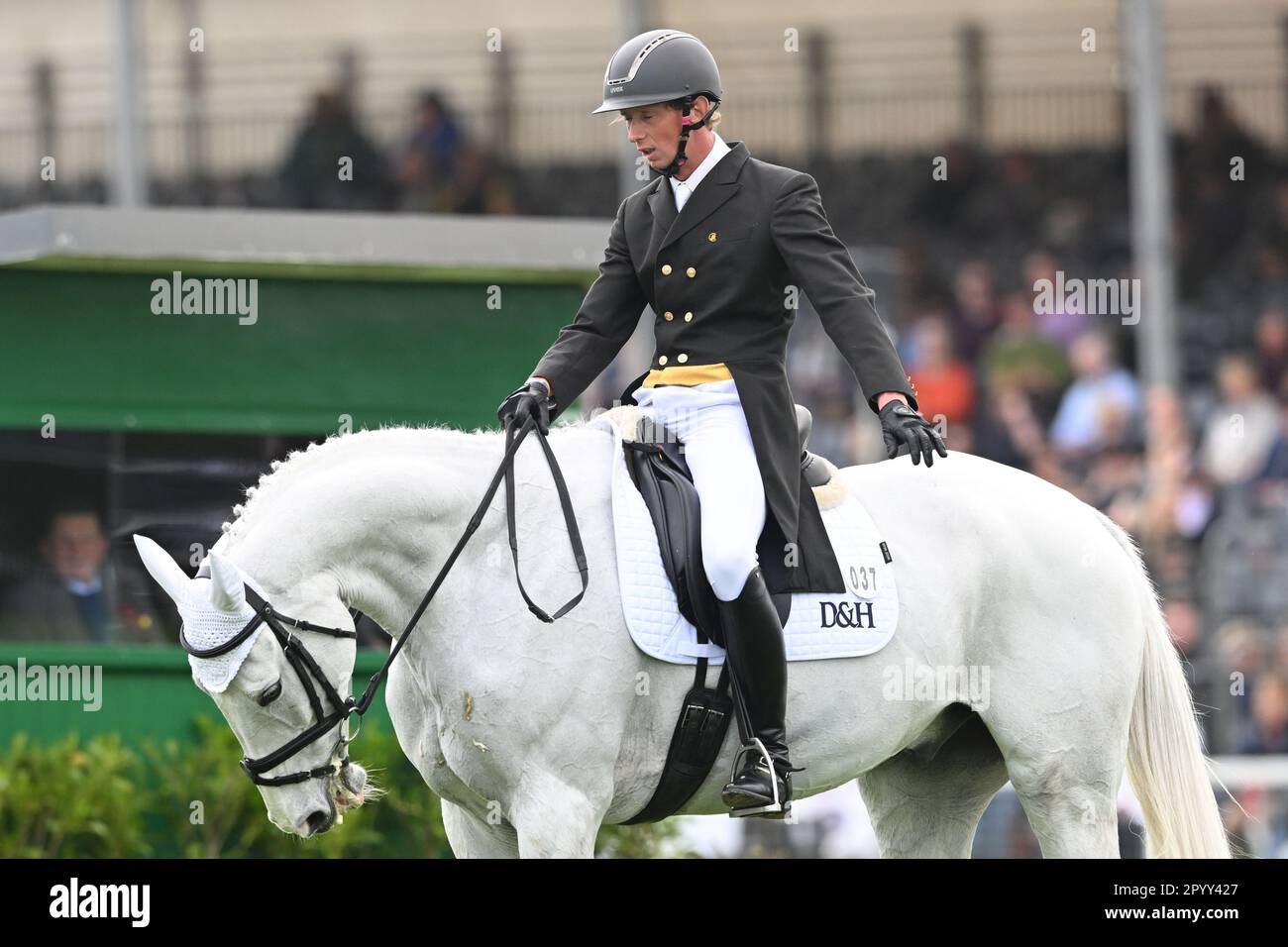 Badminton Estate, Gloucestershire, UK. 5th May, 2023. 2023 Badminton Horse Trials Day 2; Richard Jones of Great Britain riding Alfies Clover during the dressage test on day 2 of the 2023 Badminton Horse Trials Credit: Action Plus Sports/Alamy Live News Stock Photo