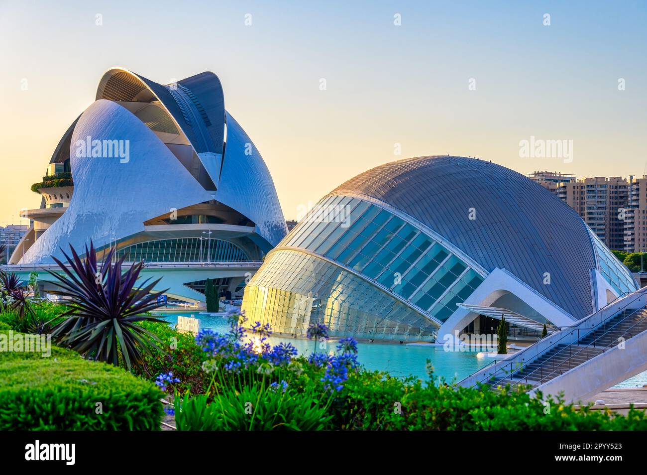 Valencia, Spain - July 17, 2022: L'Hemisferic and the Palau de les Arts buildings. The 'Ciudad de las Artes y las Ciencias' is an international landmark Stock Photo
