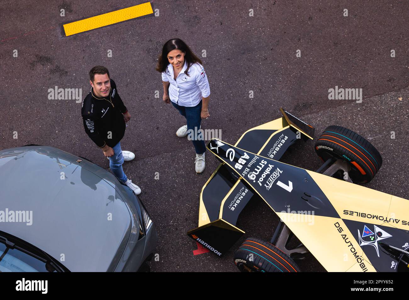 VANDOORNE Stoffel (bel) and FOUCHER Béatrice, CEO of DS Automobiles, portrait with new DS7 and DS Penske Formula E Team, Spark-DS, DS E-Tense FE23, portrait during the 2023 Monaco ePrix, 7th meeting of the 2022-23 ABB FIA Formula E World Championship, on the Circuit de Monaco from May 4 to 6, 2023 in Monaco - Photo Germain Hazard/DPPI Credit: DPPI Media/Alamy Live News Stock Photo