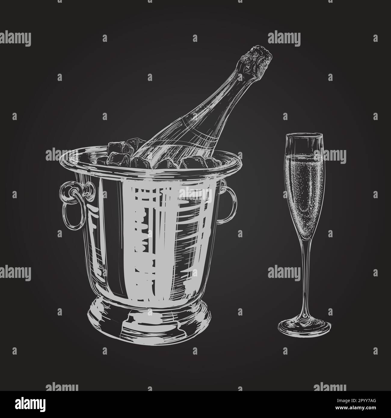 champagne bottle and glass hand drawing vector illustration Stock