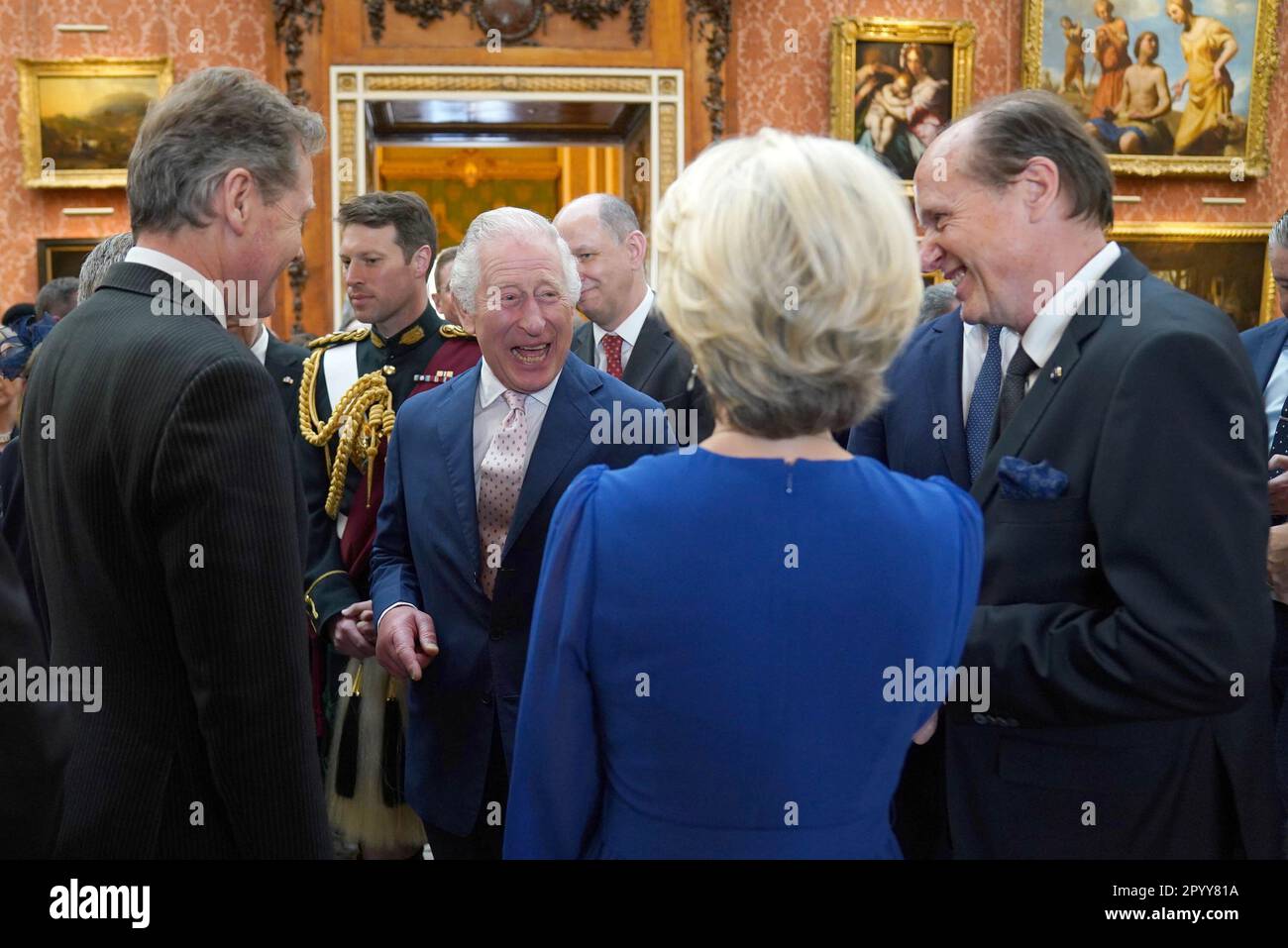 King Charles III (centre) shares a joke with the President of the European Commission Ursula von der Leyen, during a reception at Buckingham Palace, in London, for overseas guests attending his coronation. Picture date: Friday May 5, 2023. Stock Photo