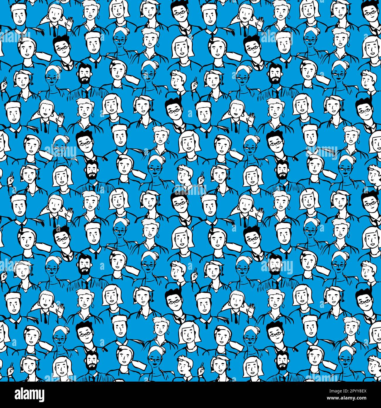 Diverse crowd of people in hand draw seamless pattern illustration. Group of men and women drawn with black lines on blue isolated background in doodl Stock Vector