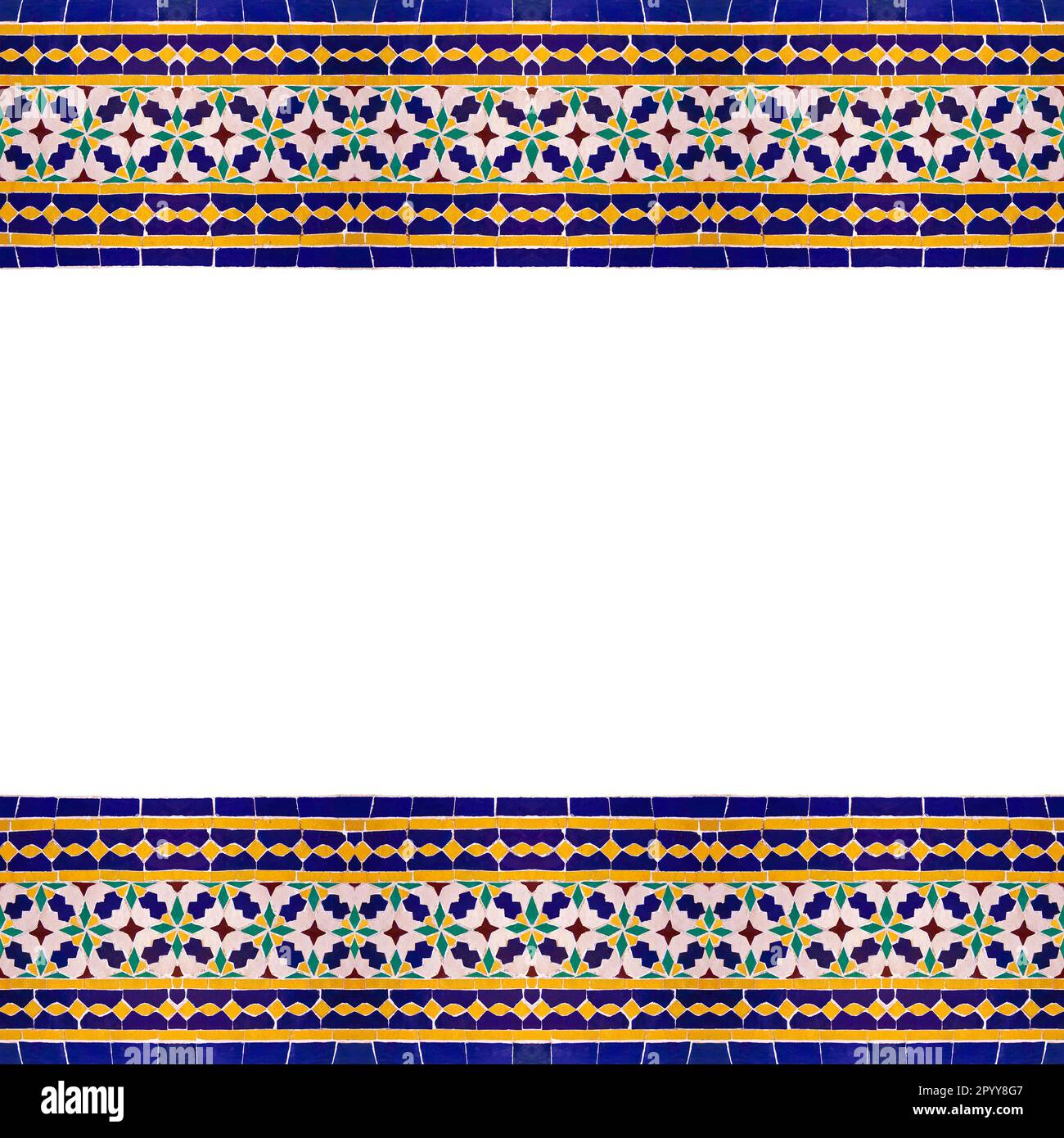 Maroccan wall decorations with colored ceramic tiles called azulejos with a geometric design against a white background - image with copy space. Stock Photo