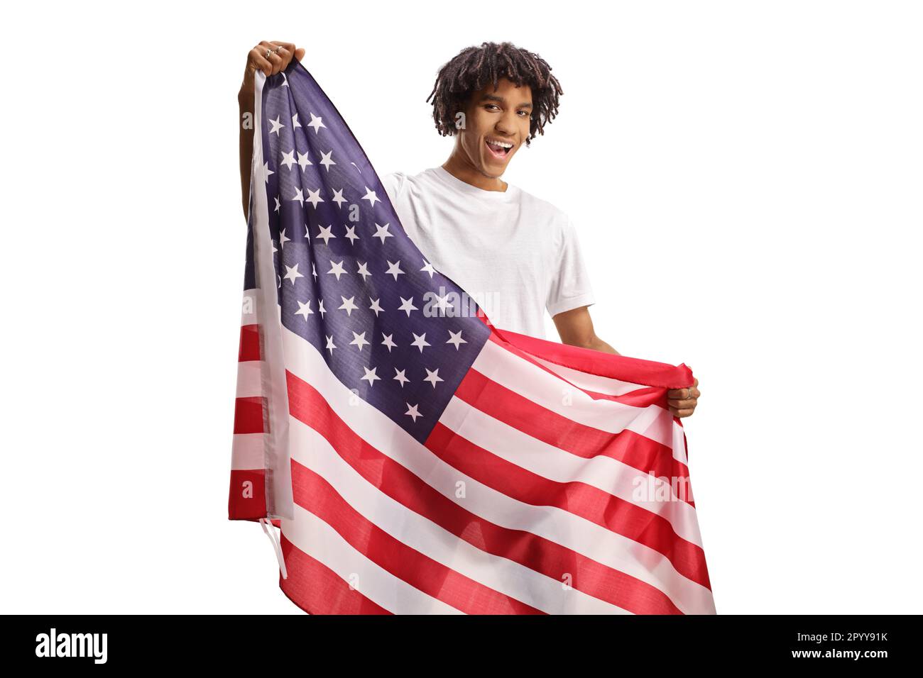 African american casual guy holding a USA flag and smiling isolated on ...