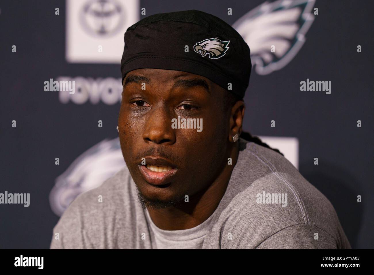Philadelphia Eagles' Kelee Ringo takes questions from the media during ...